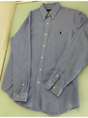 Polo Ralph Lauren Shirt Mens Large L 16.5 Classic Fit Blue Stripe Stretch Poplin
